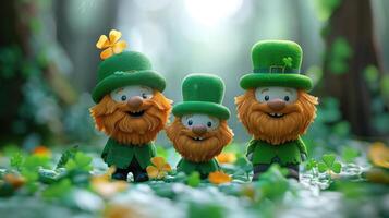 ai gerado três Leprechauns com trevo folhas dentro a floresta, st. patrick's dia foto