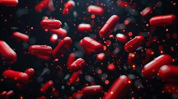 ai gerado 3d Renderização do vermelho pílulas flutuando em Preto fundo. remédio e cuidados de saúde conceito foto