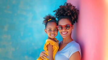 ai gerado retrato do afro americano mãe e filha dentro oculos de sol em azul fundo. mãe dia foto