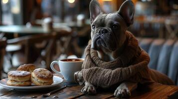 ai gerado francês buldogue com uma copo do café e biscoitos dentro uma cafeteria foto