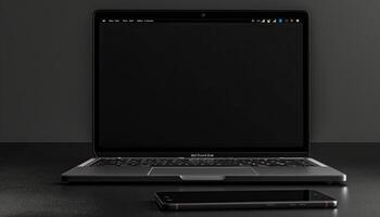 ai gerado computador portátil com em branco tela e Smartphone em Preto fundo. 3d Renderização foto