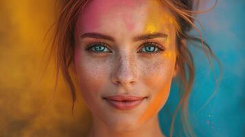 ai gerado retrato do uma jovem lindo mulher com holi cores foto