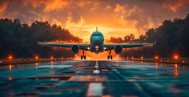 ai gerado uma comercial Civil aeronave terras em a pista às a aeroporto. viagem e transporte conceito - ai gerado imagem foto