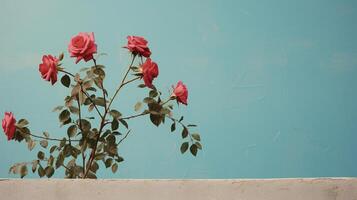 ai gerado vermelho rosas contra uma azul parede foto