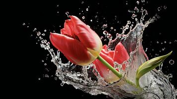 ai gerado uma Rosa tulipa é espirrando água dentro a ar foto