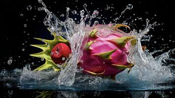 ai gerado uma Dragão fruta é espirrando água foto