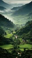 ai gerado a montanhas estão coberto dentro verde vegetação e névoa foto