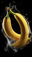ai gerado bananas estão ser espirrado com água em uma Preto fundo foto