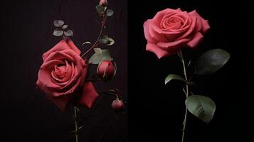 ai gerado dois diferente As fotos do rosas em uma Preto fundo