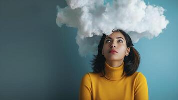 ai gerado mulher com nuvens em dela cabeça, abraçando uma psicodélico conceito foto