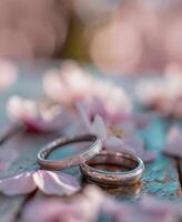 ai gerado dois anel dentro cereja Flor em de madeira mesa bokeh fundo foto