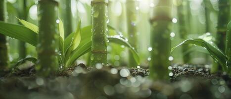 ai gerado fechar-se do fresco bambu fotos emergente a partir de solo, iluminado de natural luz, emanando uma fresco japonês estilo