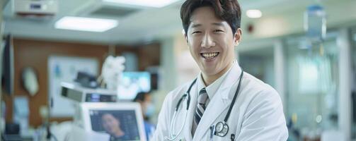 ai gerado profissional excelência, bonito 30 anos coreano médico vestindo uma sorrir e estetoscópio, em pé dentro uma médico escritório às a hospital no meio médico equipamento foto