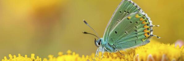 ai gerado fechar-se maravilha, macro fotografia revelador a requintado detalhes do uma verde mecha de cabelo borboleta contra uma natural floresta pano de fundo foto