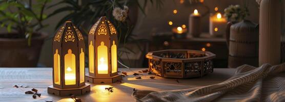 ai gerado islâmico arte do de madeira tiki lanterna presentes. foto