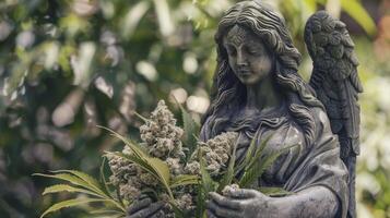 ai gerado surreal serenidade, estátua do uma lindo anjo abraçando maconha pepitas, Misturando artístico contrastes foto