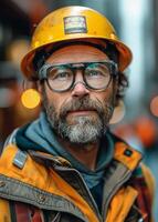 ai gerado retrato do trabalhador vestindo protetora capacete e Óculos dentro a industrial fábrica. foto