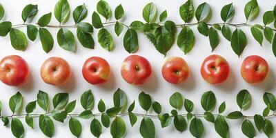 ai gerado topo visualizar, plano deitar fruta padronizar do maçãs com folhas foto