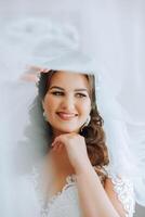 moda foto do uma lindo noiva com Sombrio cabelo dentro a elegante Casamento vestir e deslumbrante Maquiagem dentro a quarto em a manhã do a casamento. a noiva é preparando para a Casamento