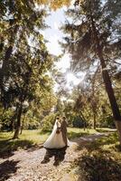 Casamento casal em uma andar dentro a outono parque. a noiva dentro uma lindo branco vestir. amor e relação conceito. noivo e noiva dentro natureza ao ar livre foto
