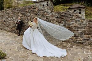 uma Casamento casal é caminhando dentro natureza em a outono dia. feliz jovem noiva e elegante noivo segurando mãos. uma à moda casal do recém-casados em seus Casamento dia. foto