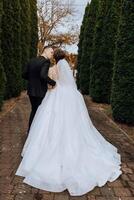 uma Casamento casal é caminhando dentro natureza em a outono dia. feliz jovem noiva e elegante noivo segurando mãos. uma à moda casal do recém-casados em seus Casamento dia. foto