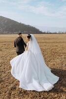 uma Casamento casal é caminhando dentro natureza em a outono dia. feliz jovem noiva e elegante noivo segurando mãos. uma à moda casal do recém-casados em seus Casamento dia. foto