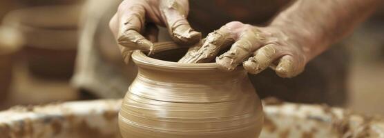 ai gerado descrever a intrincado processo do criando uma feito à mão peça do cerâmica. foto