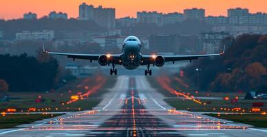 ai gerado uma comercial Civil aeronave terras em a pista às a aeroporto. viagem e transporte conceito - ai gerado imagem foto