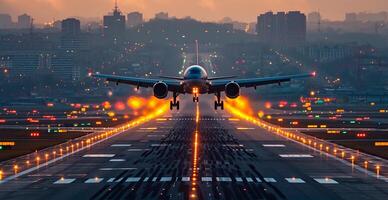 ai gerado uma comercial Civil aeronave terras em a pista às a aeroporto. viagem e transporte conceito - ai gerado imagem foto