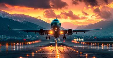 ai gerado uma comercial Civil aeronave terras em a pista às a aeroporto. viagem e transporte conceito - ai gerado imagem foto