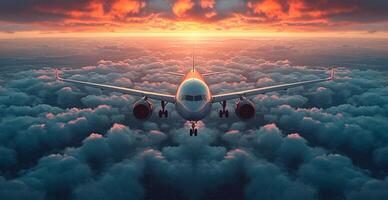 ai gerado uma comercial Civil aeronave moscas acima a nuvens dentro a brilhante Sol. viagem e transporte conceito - ai gerado imagem foto
