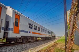 uma Series do economia classe trens este Rapidez dentro Indonésia durante a dia, Indonésia, 28 Outubro 2023. foto