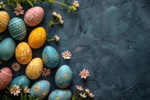 ai gerado decorativo Páscoa ovos com floral padrões em uma Sombrio ardósia fundo, acentuado com fresco margaridas e vegetação foto