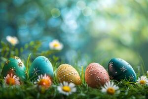 ai gerado colorida Páscoa ovos decorado com padrões em repouso em vibrante Primavera Relva no meio flores silvestres, banhado dentro luz solar foto