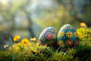 ai gerado colorida Páscoa ovos decorado com padrões em repouso em vibrante Primavera Relva no meio flores silvestres, banhado dentro luz solar foto