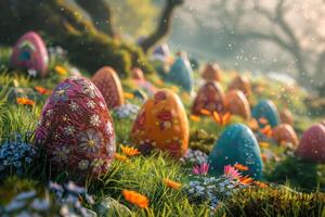 ai gerado colorida Páscoa ovos decorado com padrões em repouso em vibrante Primavera Relva no meio flores silvestres, banhado dentro luz solar foto