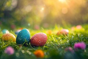 ai gerado colorida Páscoa ovos decorado com padrões em repouso em vibrante Primavera Relva no meio flores silvestres, banhado dentro luz solar foto