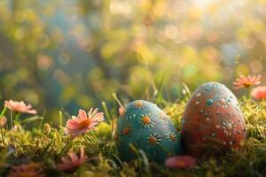 ai gerado colorida Páscoa ovos decorado com padrões em repouso em vibrante Primavera Relva no meio flores silvestres, banhado dentro luz solar foto