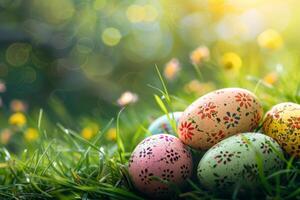 ai gerado colorida Páscoa ovos decorado com padrões em repouso em vibrante Primavera Relva no meio flores silvestres, banhado dentro luz solar foto