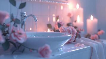 ai gerado branco Pia dentro uma banheiro com velas e rosas. elegante branco banheiro interior com embarcação afundar. romântico atmosfera. foto