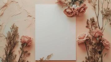 ai gerado branco convite cartão para casamento, aniversário, aniversário ou de outros feriado. branco em branco papel e rosas flatlay. boho estilo brincar em Rosa pastel fundo. foto