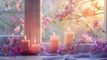 ai gerado velas e flores em janela dentro pastel cores. acolhedor sazonal decorações em janela peitoril. relaxar, hygge, primavera, harmonia, meditação, vida Saldo conceito. foto