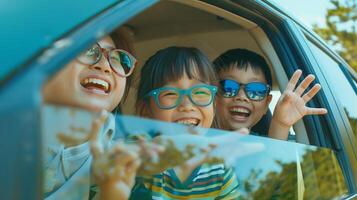 ai gerado ásia família dentro verão feriado acenando mãos a partir de a carro foto