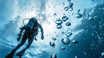 ai gerado traseiro Visão do mergulho mergulhador dentro a oceano foto