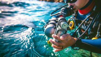 ai gerado mergulho mergulhador segurando mergulho regulador em água superfície foto