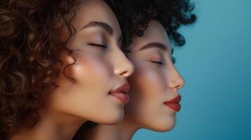 ai gerado fechar-se retrato do dois mulheres com encaracolado cabelo e diferente pele tons, para mostruário a diversidade e beleza do mulheres, e promover cuidados com a pele produtos foto