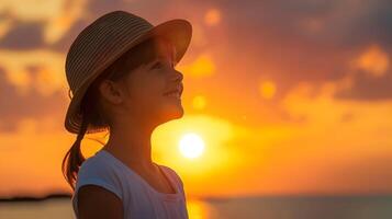 ai gerado menina dentro Sol chapéu olhando às a oceano às pôr do sol, para transmitir uma sentido do liberdade, alegria, e aventura, perfeito para viagem, férias, ou tema de verão foto