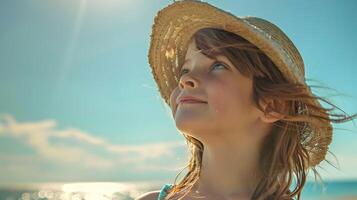 ai gerado menina dentro Palha chapéu olhando acima às a céu e oceano, para transmitir uma sentido do jovem energia, liberdade, e alegria através uma simples e calmante de praia cena foto