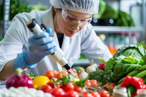 ai gerado especialista inspecionando espécimes teste Comida qualidade ao controle do mercearias dentro a laboratório. foto